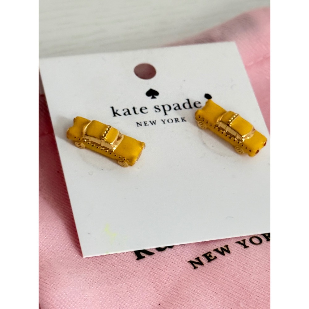 Kate Spade New York Yellow Taxi Cab Stud Earrings Gold Tone Enamel NYC Novelty